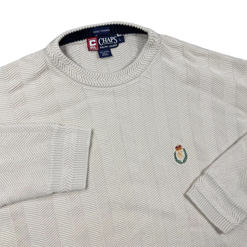 Vintage Chaps Ralph Lauren Men’s Large Cream Herringbone Cotton Crewneck Sweater